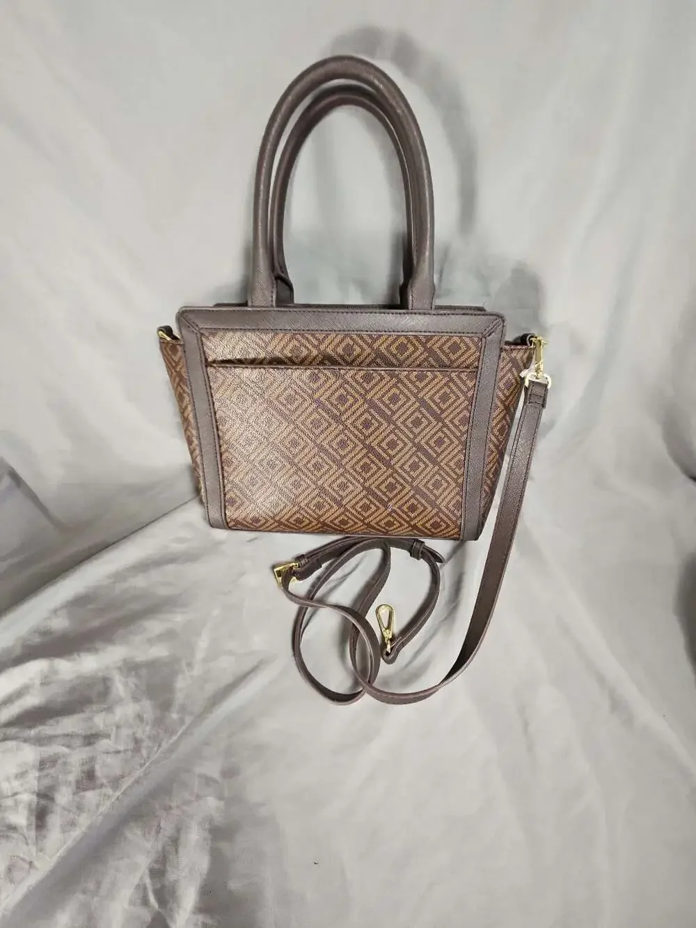 Liz Claiborne Geometric Print Brown Satchel Handbag w Detachable Shoulder Strap